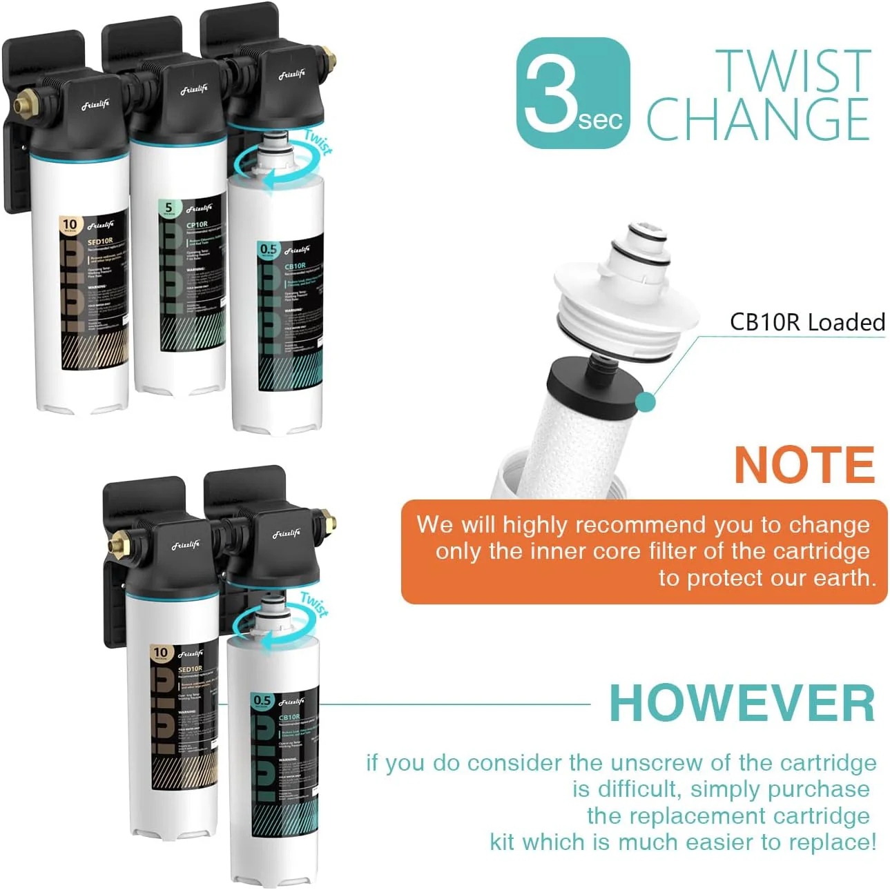 Frizzlife CB10R-HF Replacement Housing Kit With CB10R Filter Cartridge Inside - For DW10, DW10F, TW10 Under Sink Water Filter Systems - Image 3