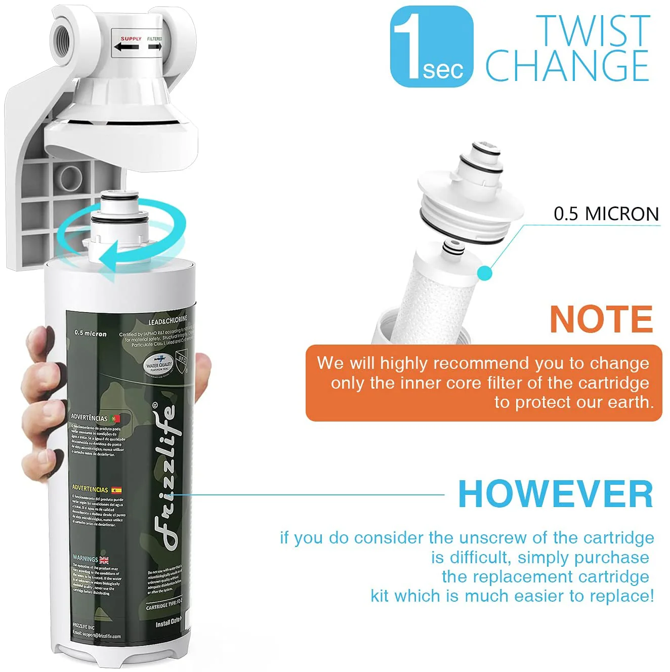 Frizzlife MV-HF Replacement Filter Cartridge Kit For MV99 - Includes Filter Cartridge and Filter Housing - Image 3
