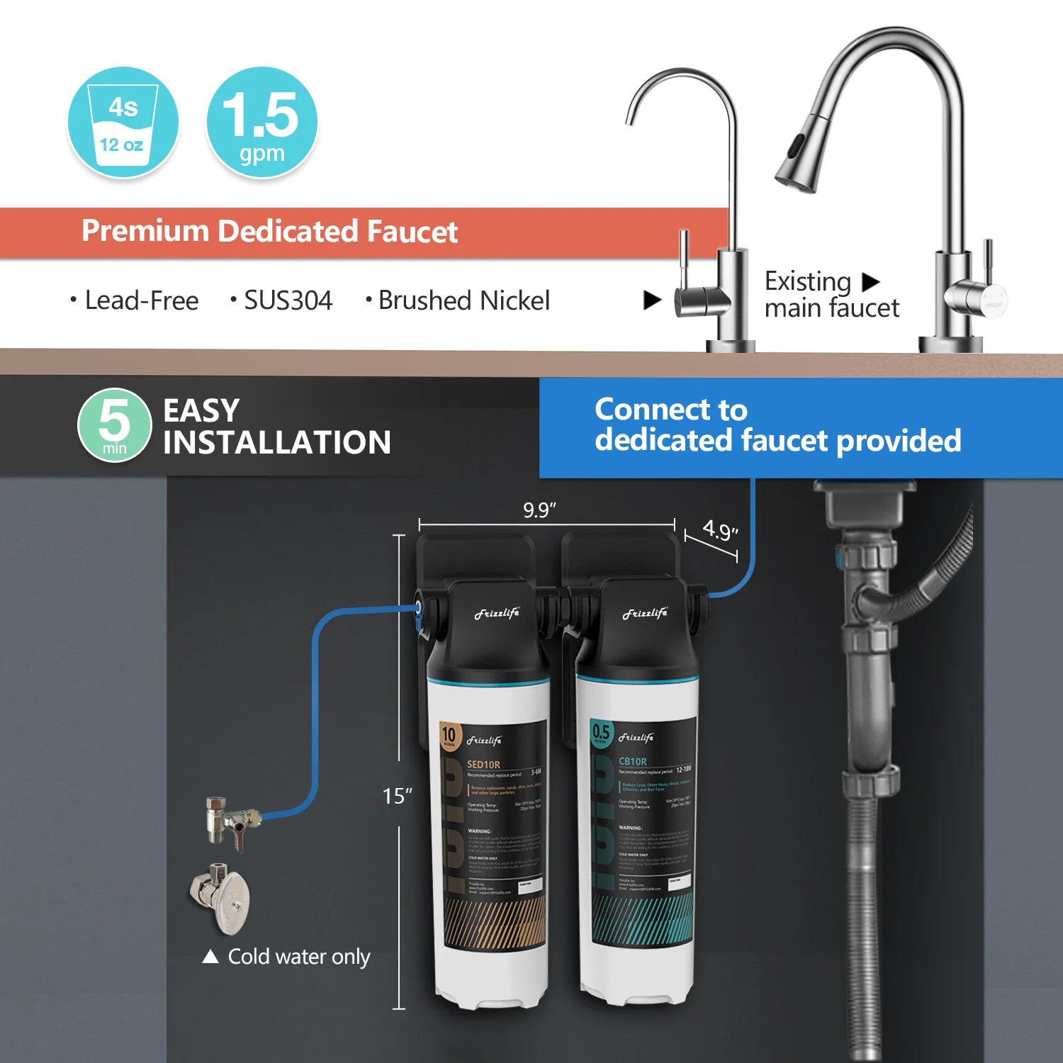 Frizzlife Under-Sink Water Filter System with Faucet, DW10F/DW15F - Image 3