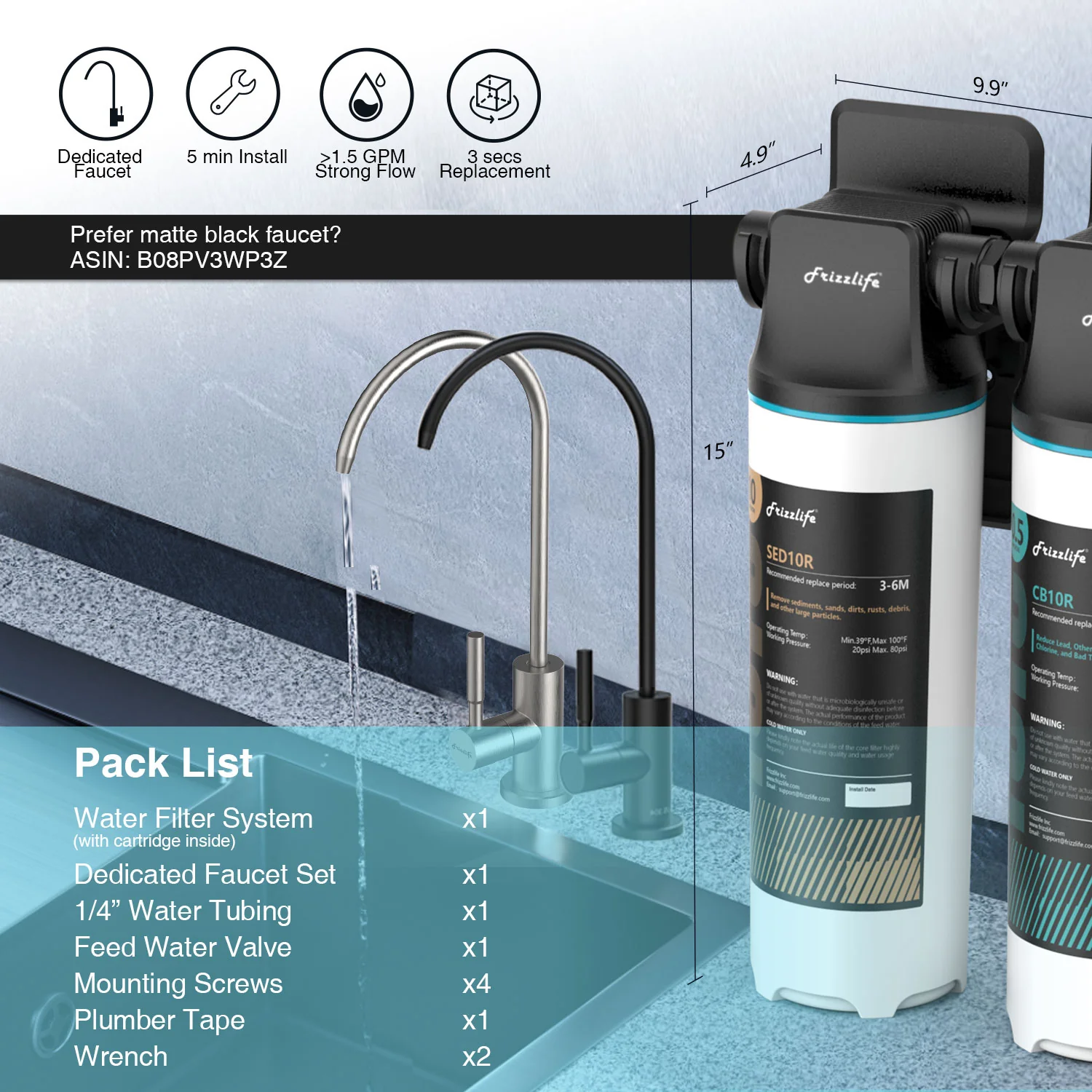 Frizzlife Under-Sink Water Filter System with Faucet, DW10F/DW15F - Image 5