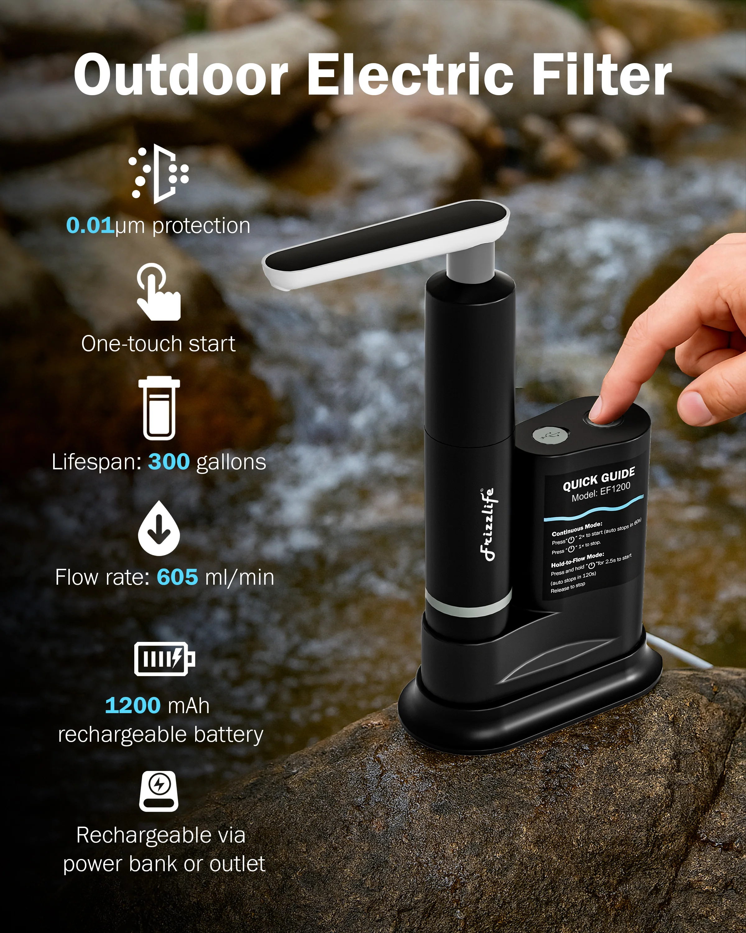 Frizzlife 0.01μm Portable Water Filter with Electric Pump, EF1200 - Image 2