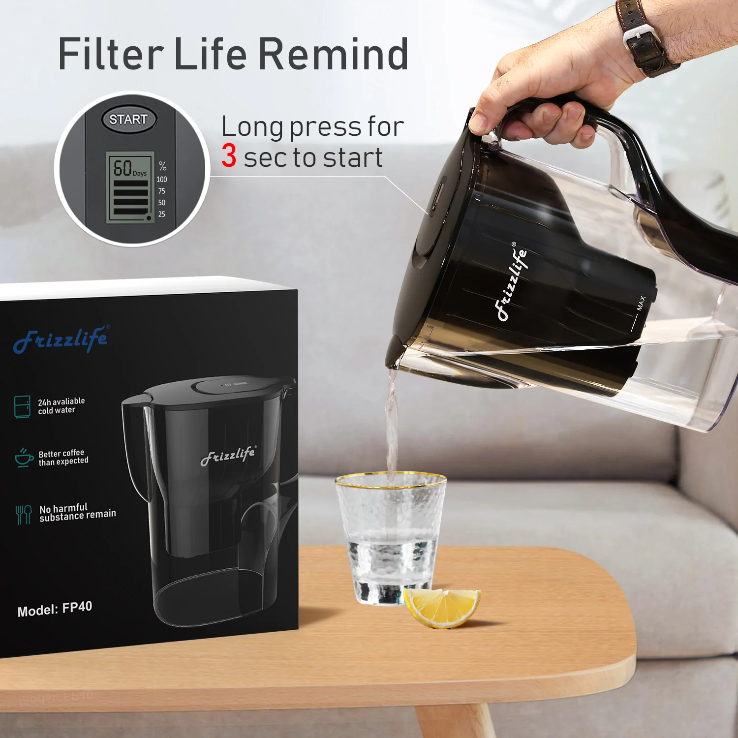 Frizzlife FP40 Water Filter Pitcher, Large 10 Cup purifier System with Filter Life Remind - Image 3