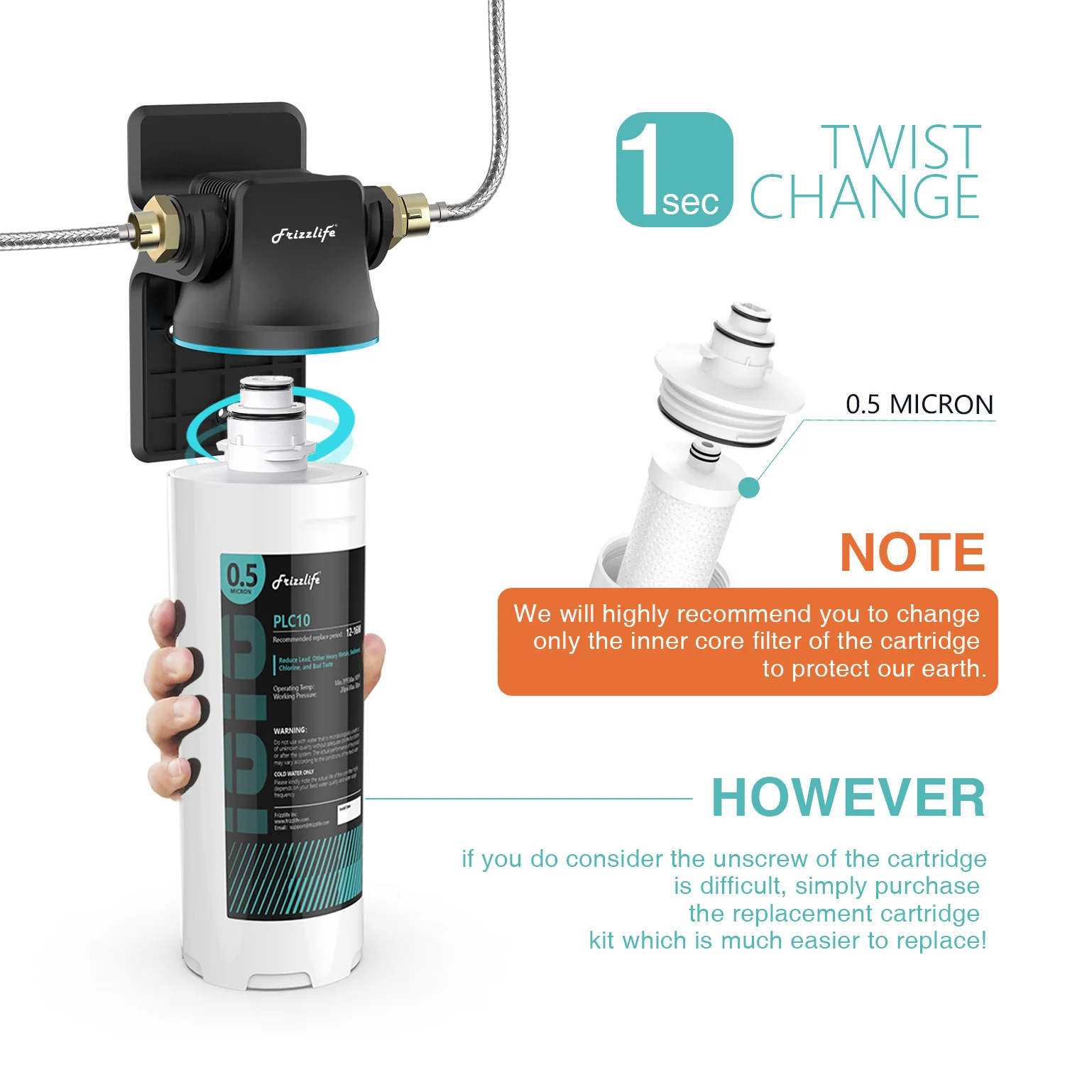 Frizzlife SW10-HF Replacement Housing Kit With PLC10 Filter Cartridge Inside - For SW10 and SW10F Under Sink Water Filter Systems - Image 3