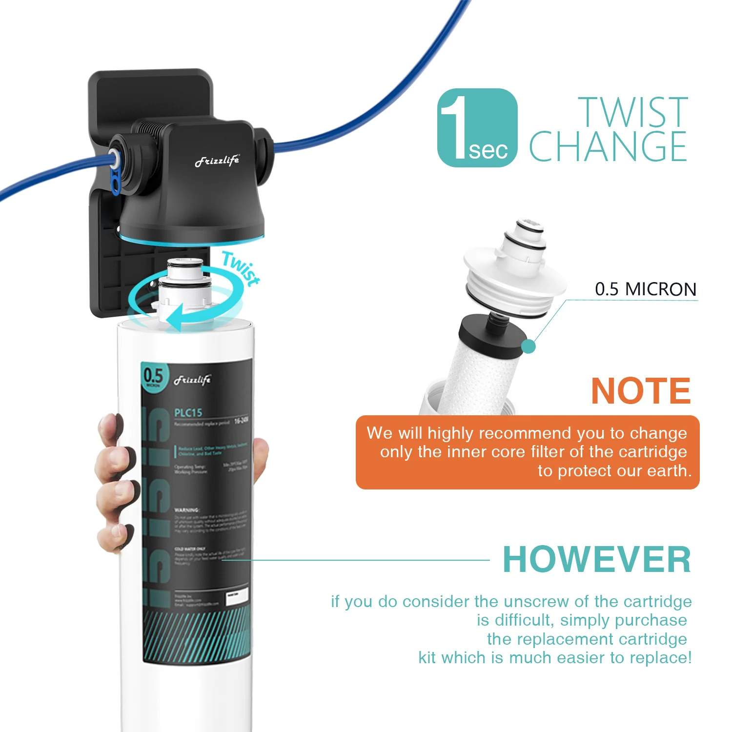 Frizzlife SW15-HF Replacement Housing Kit With PLC15 Filter Cartridge Inside - For SW15 and SW15F Under Sink Water Filter Systems - Image 3