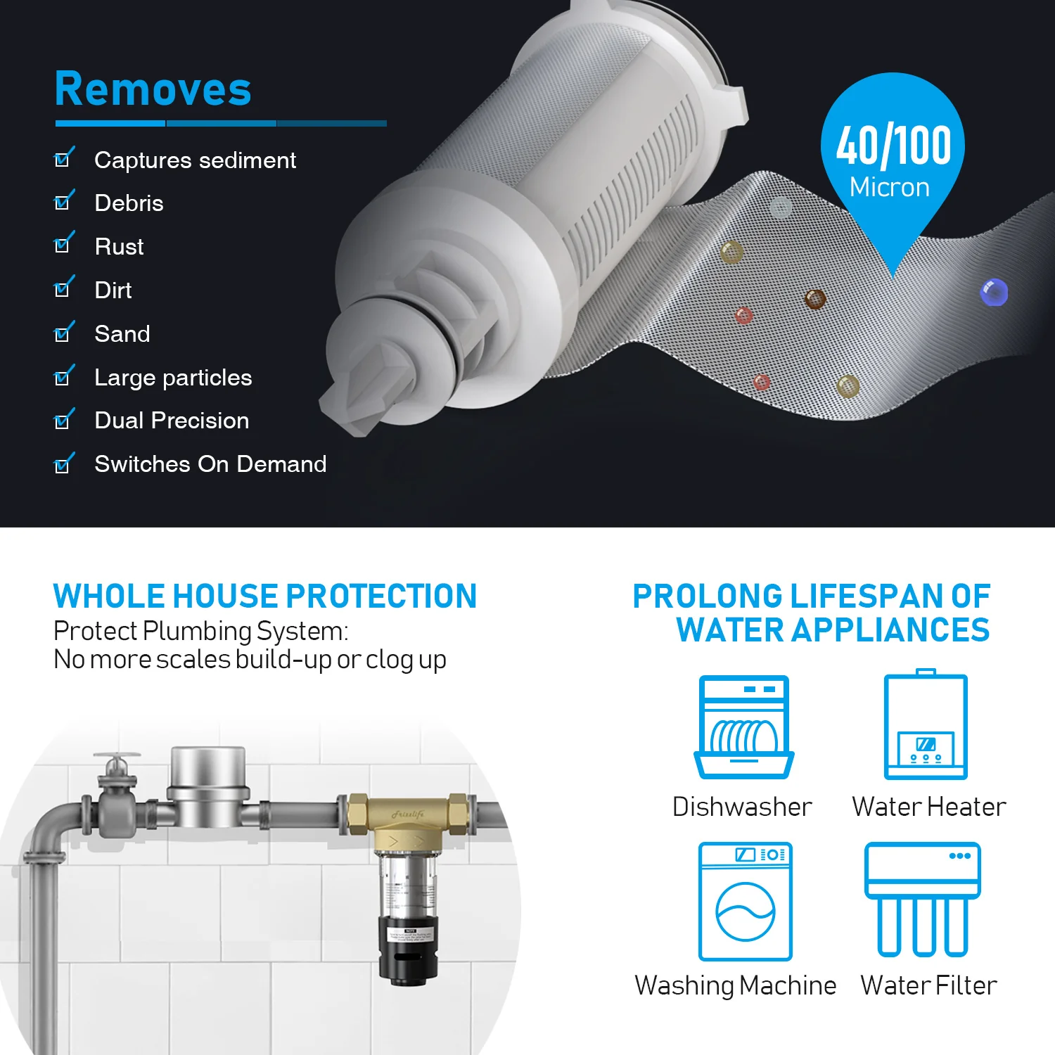 Frizzlife 40&100 Micron Spin Down Sediment Filter with Built-in Scraper, Reusable Whole House Pre-Filter for City/Well Water, Washing Machine, Flushable Filtration, 1"&3/4" NPT, BPA Free, JB40-100 - Image 3