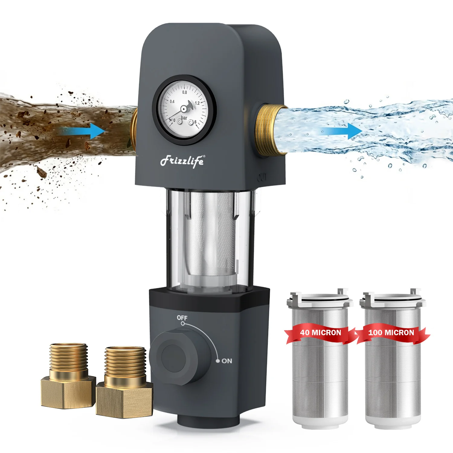 Frizzlife 40 & 100 Micron Spin Down Sediment Water Filter with Pressure Gauge and Built-in Scraper, Reusable and Flushable Whole House Pre-Filtration System, 1" + 3/4" NPT, BPA Free, JG40-100 - Image 2