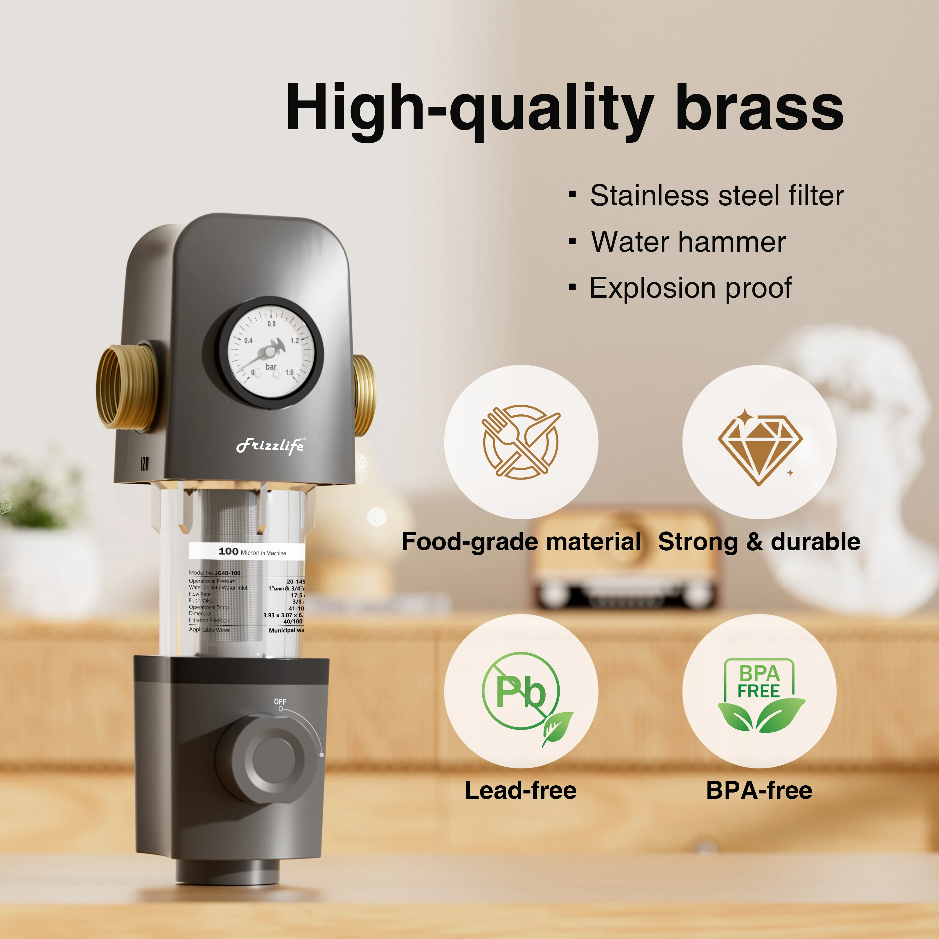 Frizzlife 40 & 100 Micron Spin Down Sediment Water Filter with Pressure Gauge and Built-in Scraper, Reusable and Flushable Whole House Pre-Filtration System, 1" + 3/4" NPT, BPA Free, JG40-100 - Image 7