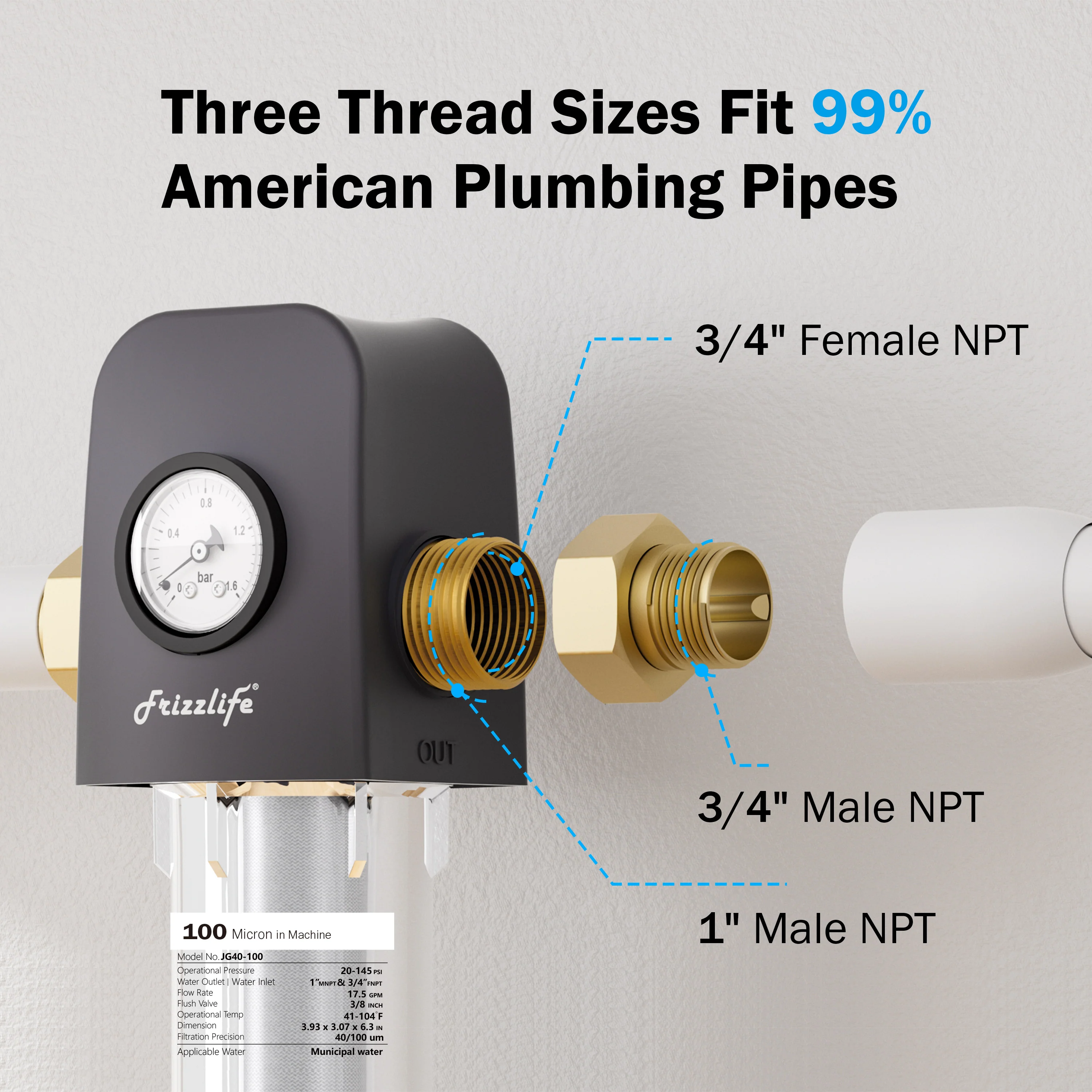 Frizzlife 40 & 100 Micron Spin Down Sediment Water Filter with Pressure Gauge and Built-in Scraper, Reusable and Flushable Whole House Pre-Filtration System, 1" + 3/4" NPT, BPA Free, JG40-100 - Image 9