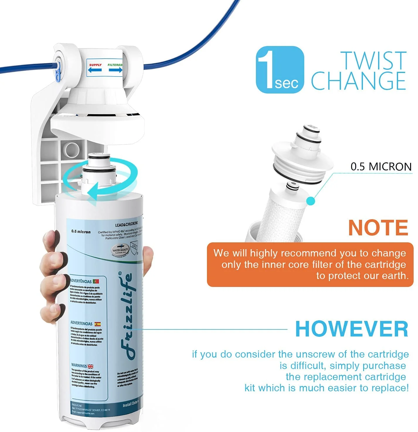 Frizzlife MP-HF Replacement Filter Cartridge Kit For MP99 - Includes Filter Cartridge and Filter Housing - Image 2