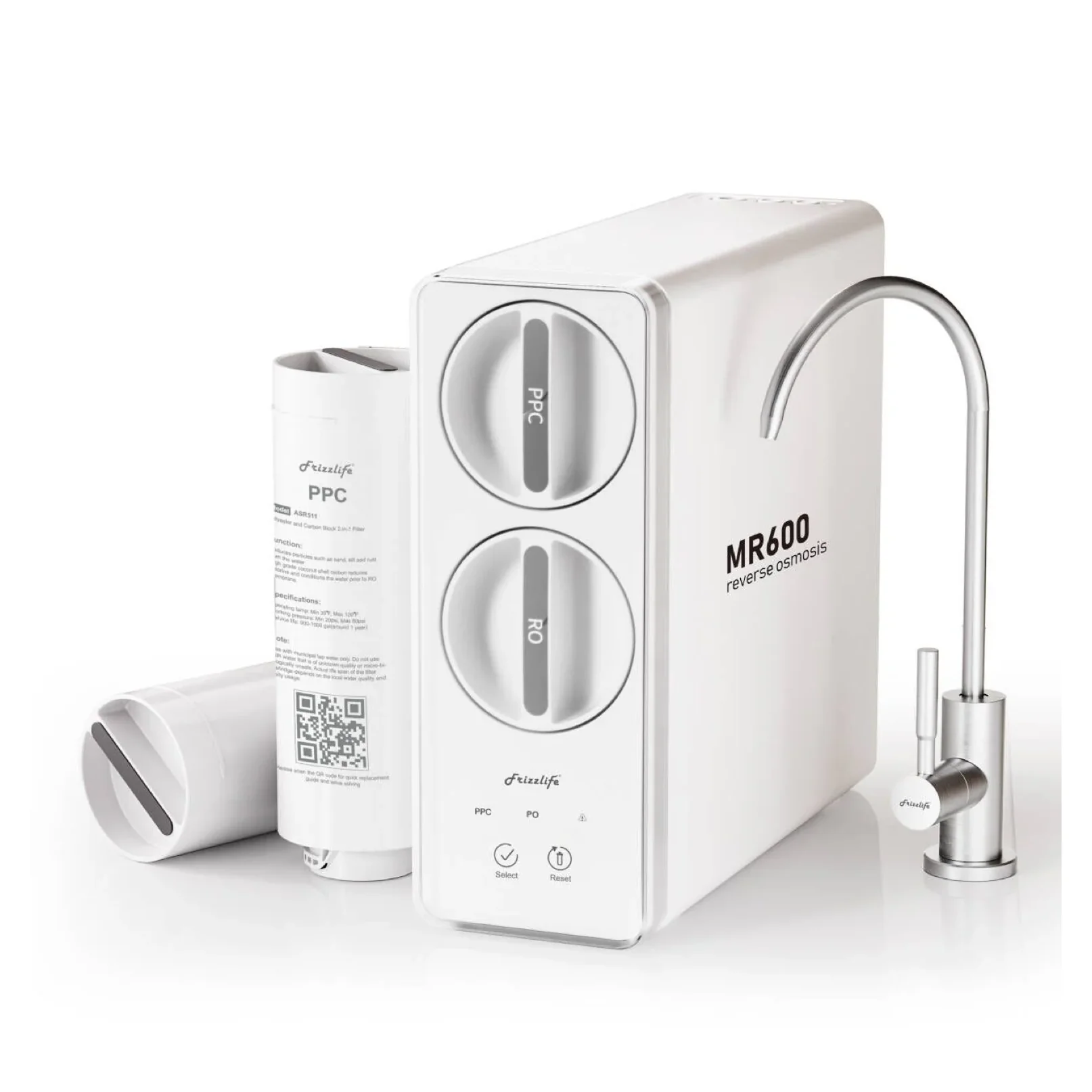 Frizzlife Reverse Osmosis Water Filter System, 8 Stage Under Sink Tankless RO System, 600 GPD Fast Flow, Reduces PFAS TDS, 3:1 Pure to Drain, Compact, MR600 White