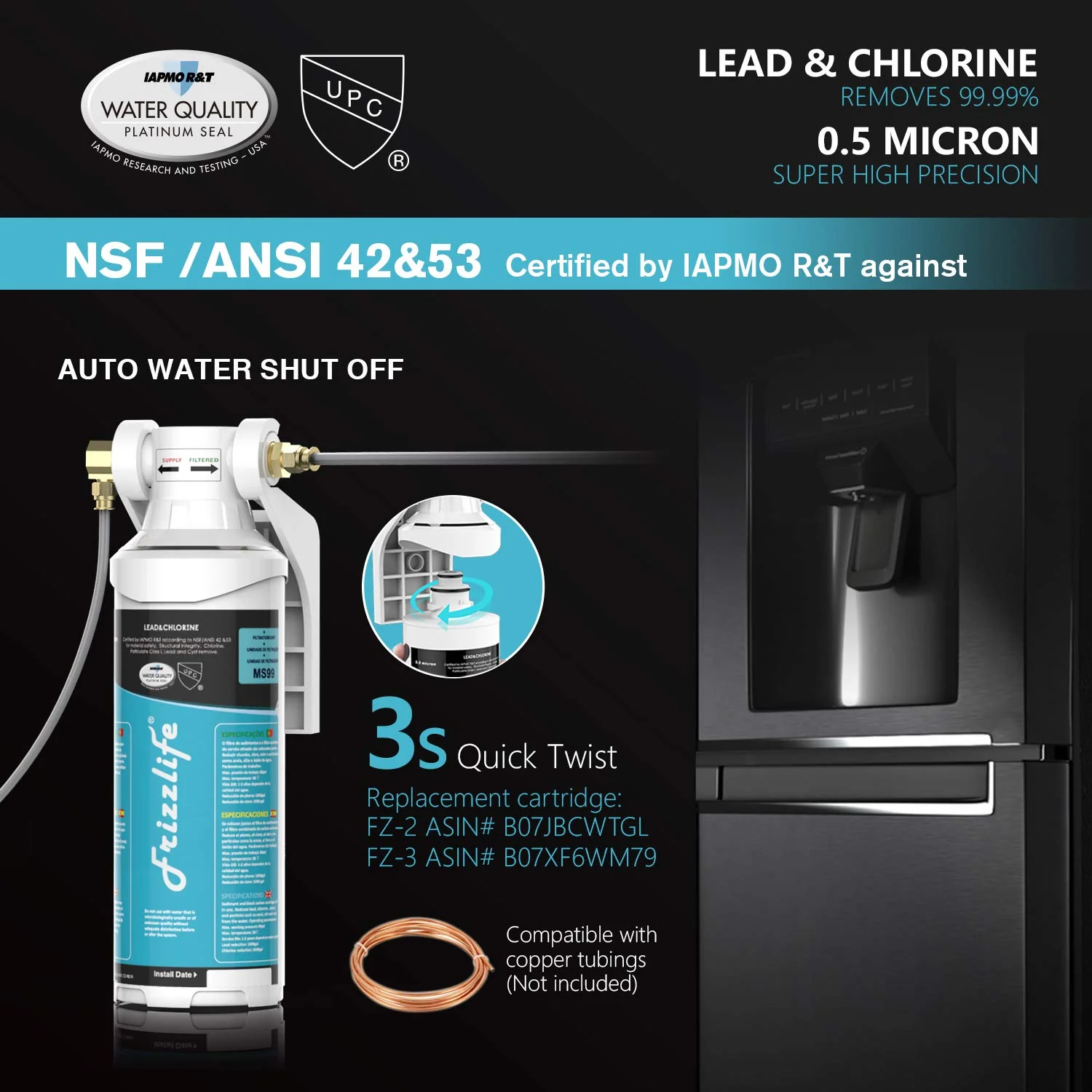 Frizzlife 0.5 Micron Inline Water Filter for Refrigerator & Ice Maker, MS99 - Image 2