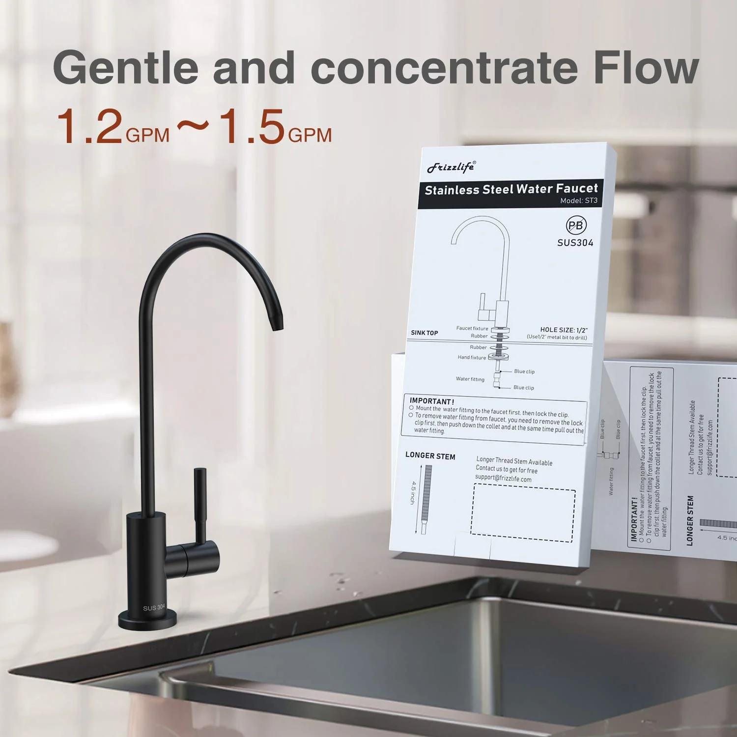 Frizzlife RO Water Filter Faucet- Drinking Water Faucet fits Most Reverse Osmosis System & Water Filtration System-SUS304 Stainless Steel, Black - Image 6