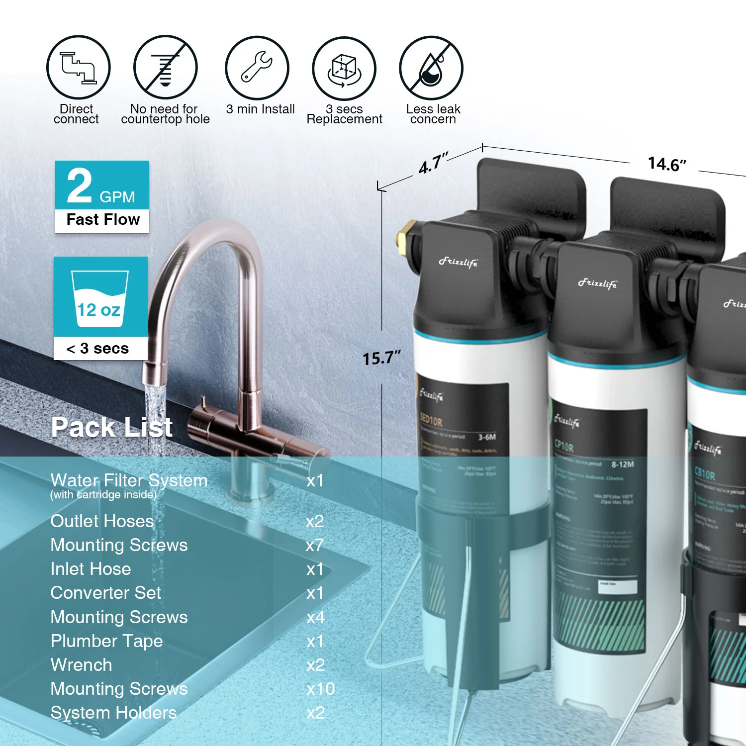Frizzlife 3-Stage Under-Sink Water Filter System, TW10 - Image 5