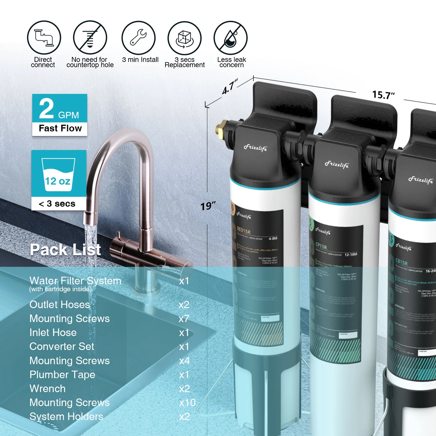 Frizzlife 3-Stage Under-Sink Water Filter System – Lead Reduction, TW15 - Image 5