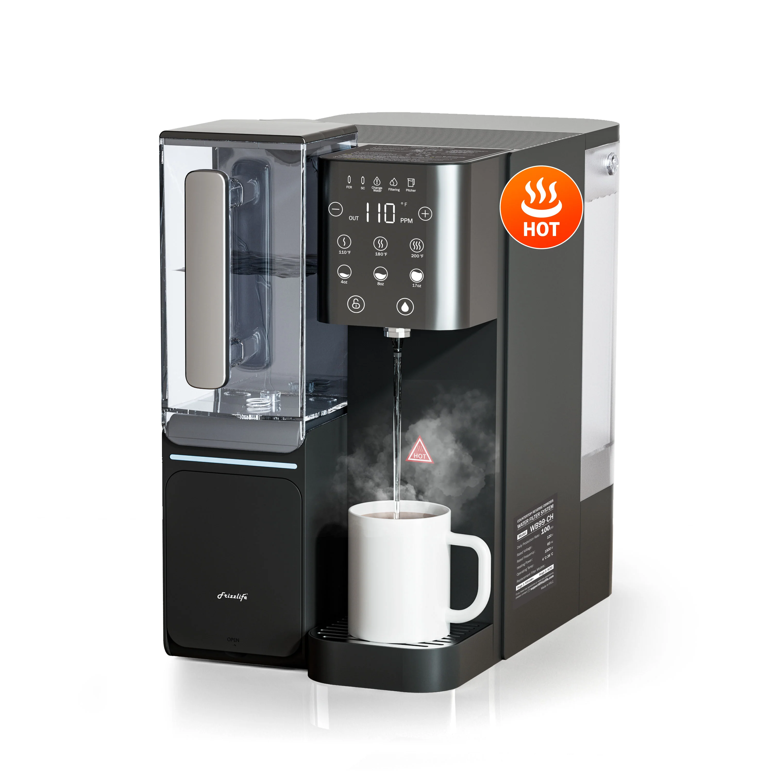 【Pre Order】Frizzlife Countertop Reverse Osmosis System - WB99-Instant Hot RO System with Portable Water Pitcher, NSF/ANSI 58 Certified Elements, 3.5:1 Pure to Drain, No Installation, USA Tech Support