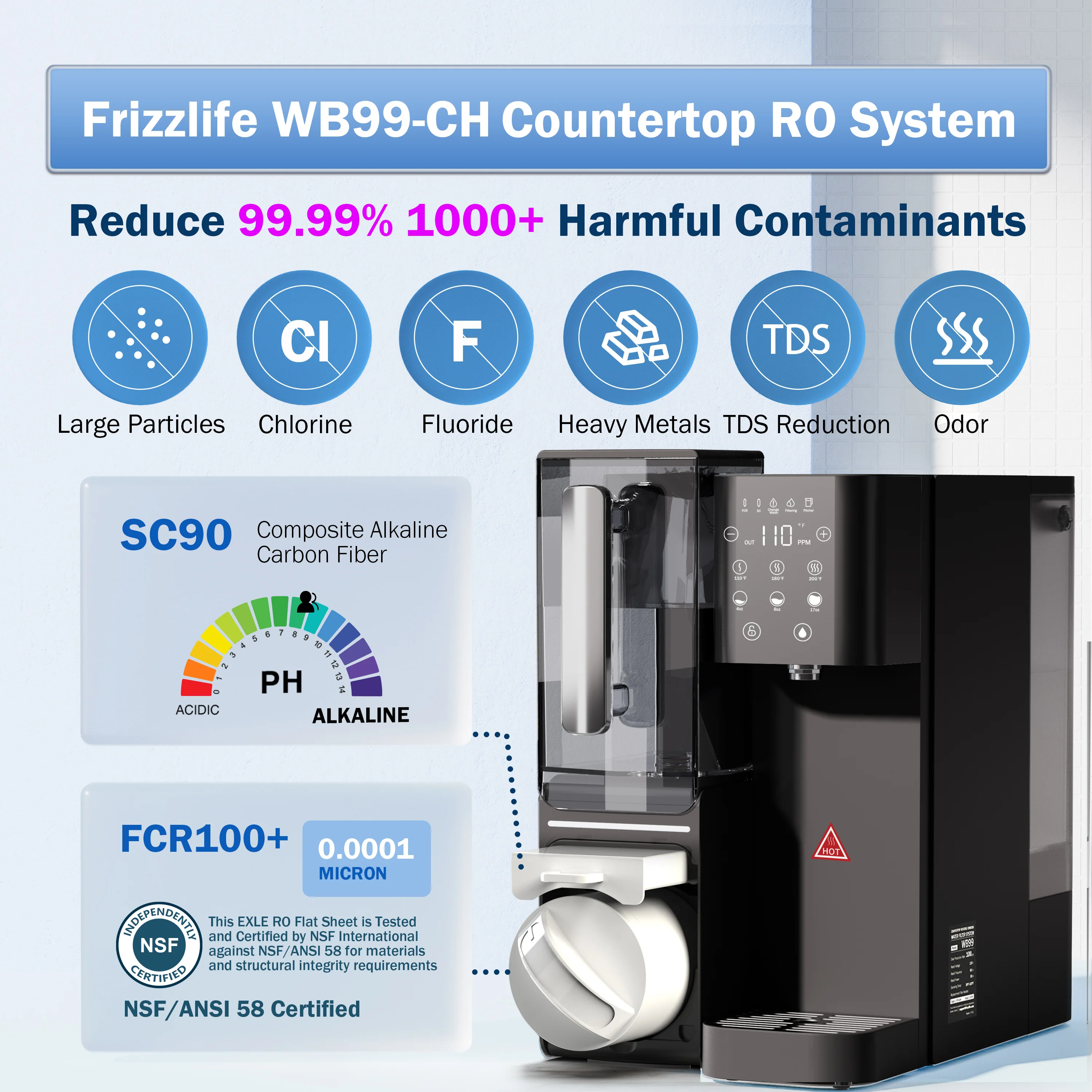 【Pre Order】Frizzlife Countertop Reverse Osmosis System - WB99-Instant Hot RO System with Portable Water Pitcher, NSF/ANSI 58 Certified Elements, 3.5:1 Pure to Drain, No Installation, USA Tech Support - Image 8